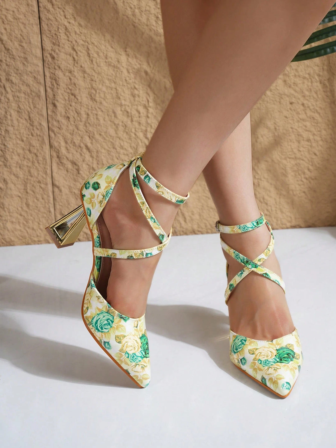 Floral Crisscross Sculptural Heel Pumps