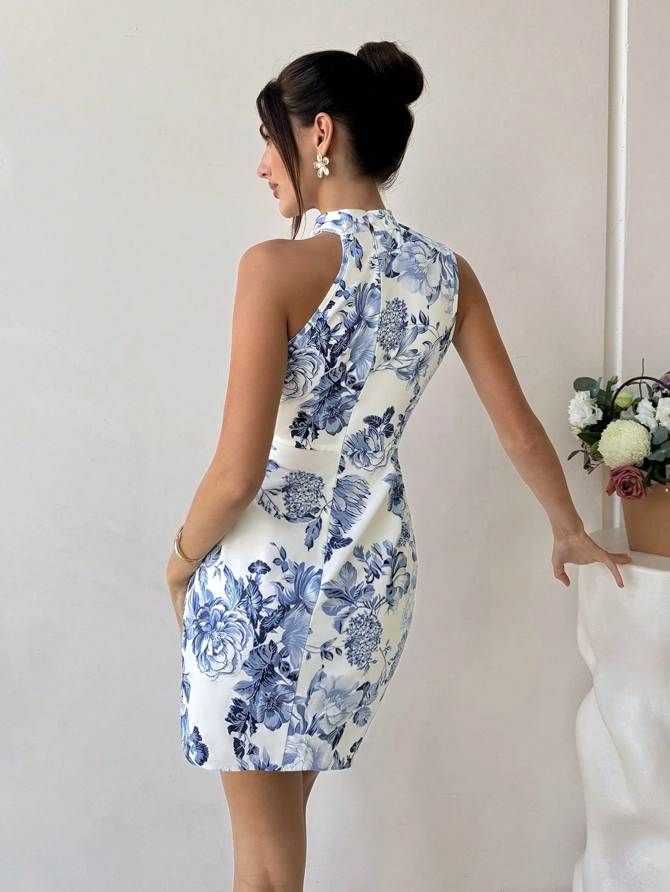Floral Jacquard Asymmetrical Bow Mini Dress