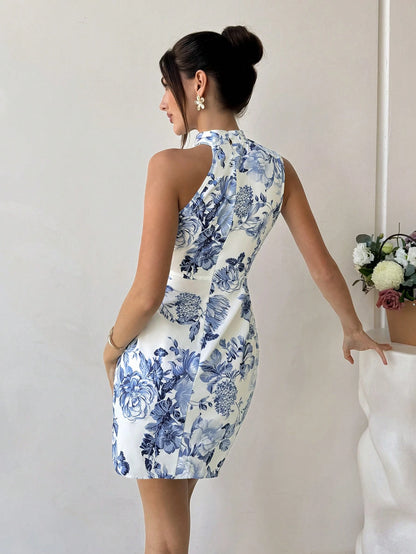 Floral Jacquard Asymmetrical Bow Mini Dress