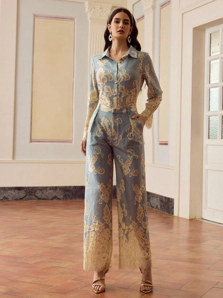 Floral Jacquard Denim Trousers