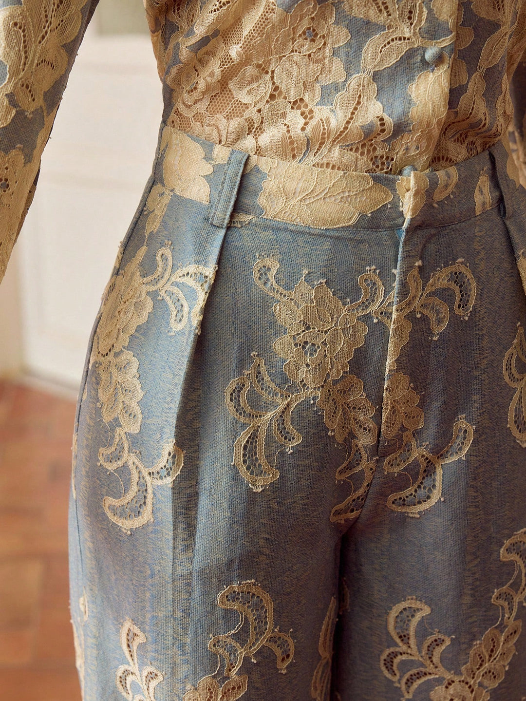 Floral Jacquard Denim Trousers