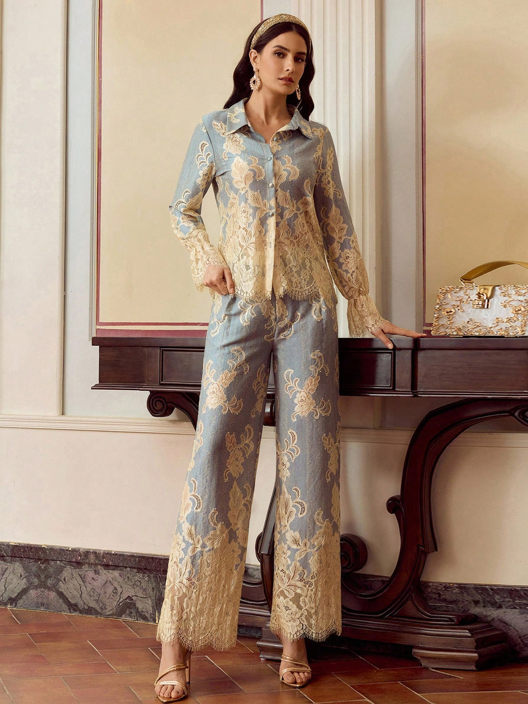 Floral Jacquard Denim Trousers