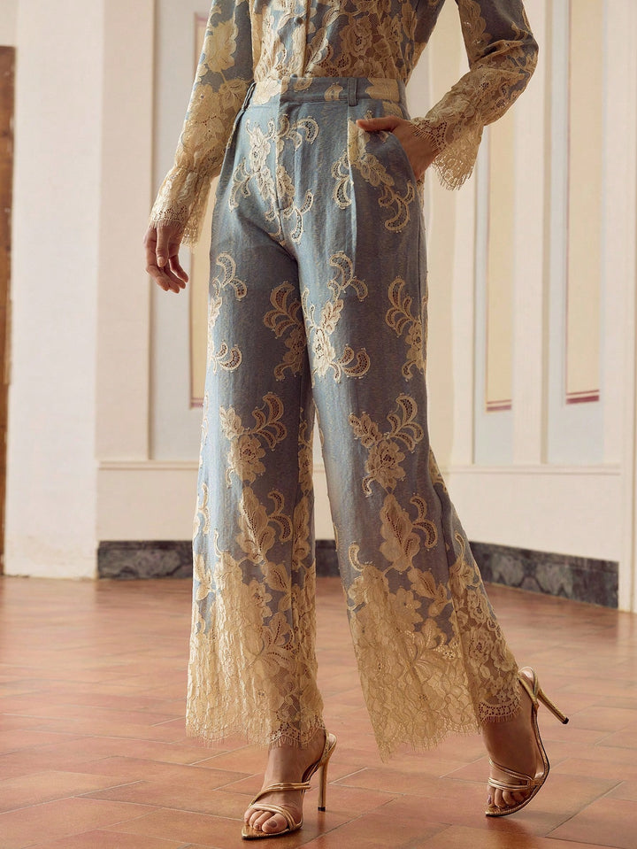 Floral Jacquard Denim Trousers