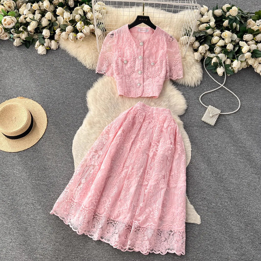 Floral Lace Cropped Cardigan Skirt Set