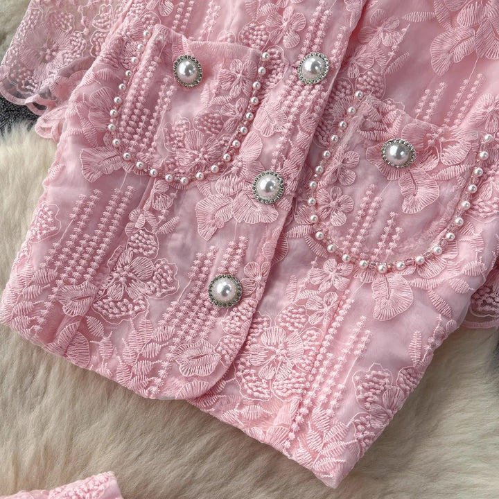 Floral Lace Cropped Cardigan Skirt Set