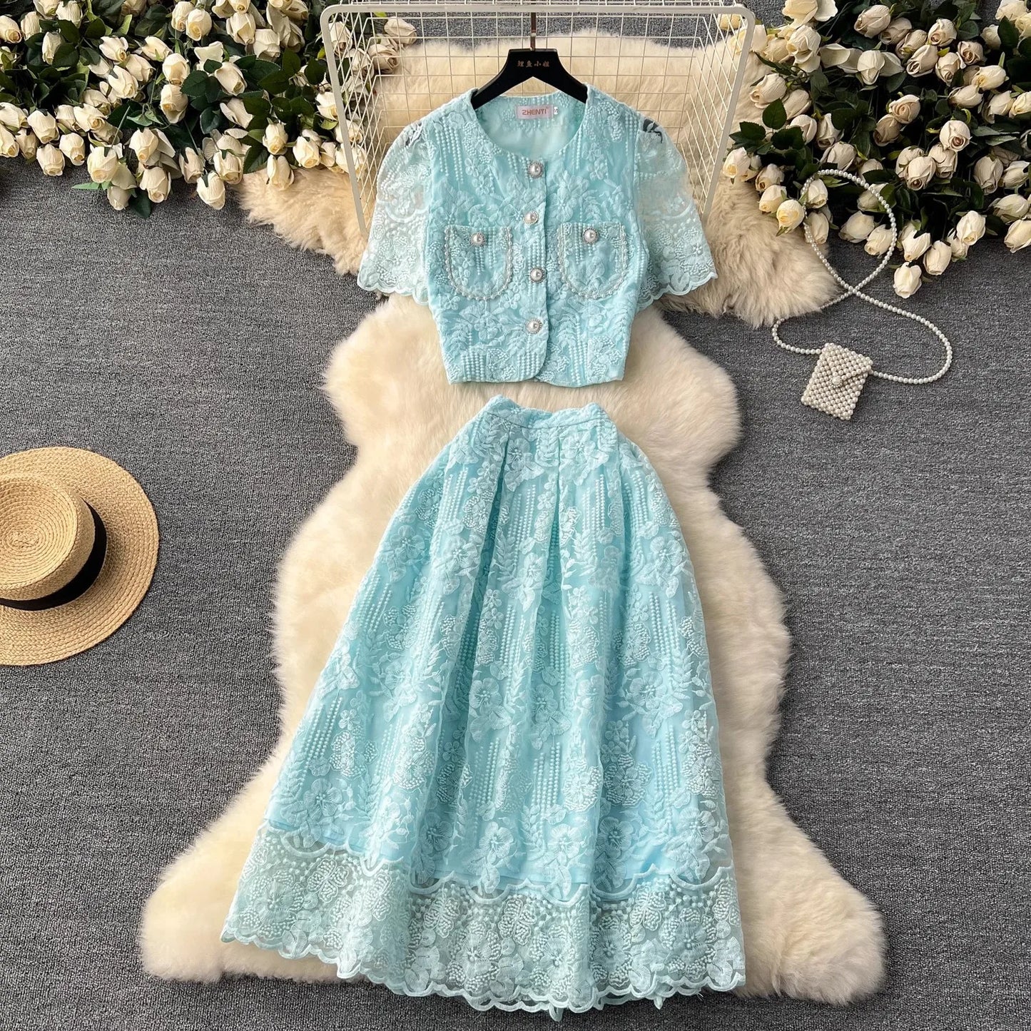 Floral Lace Cropped Cardigan Skirt Set