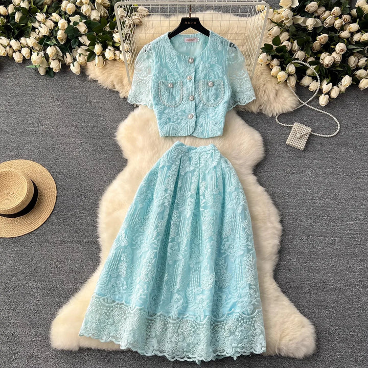 Floral Lace Cropped Cardigan Skirt Set