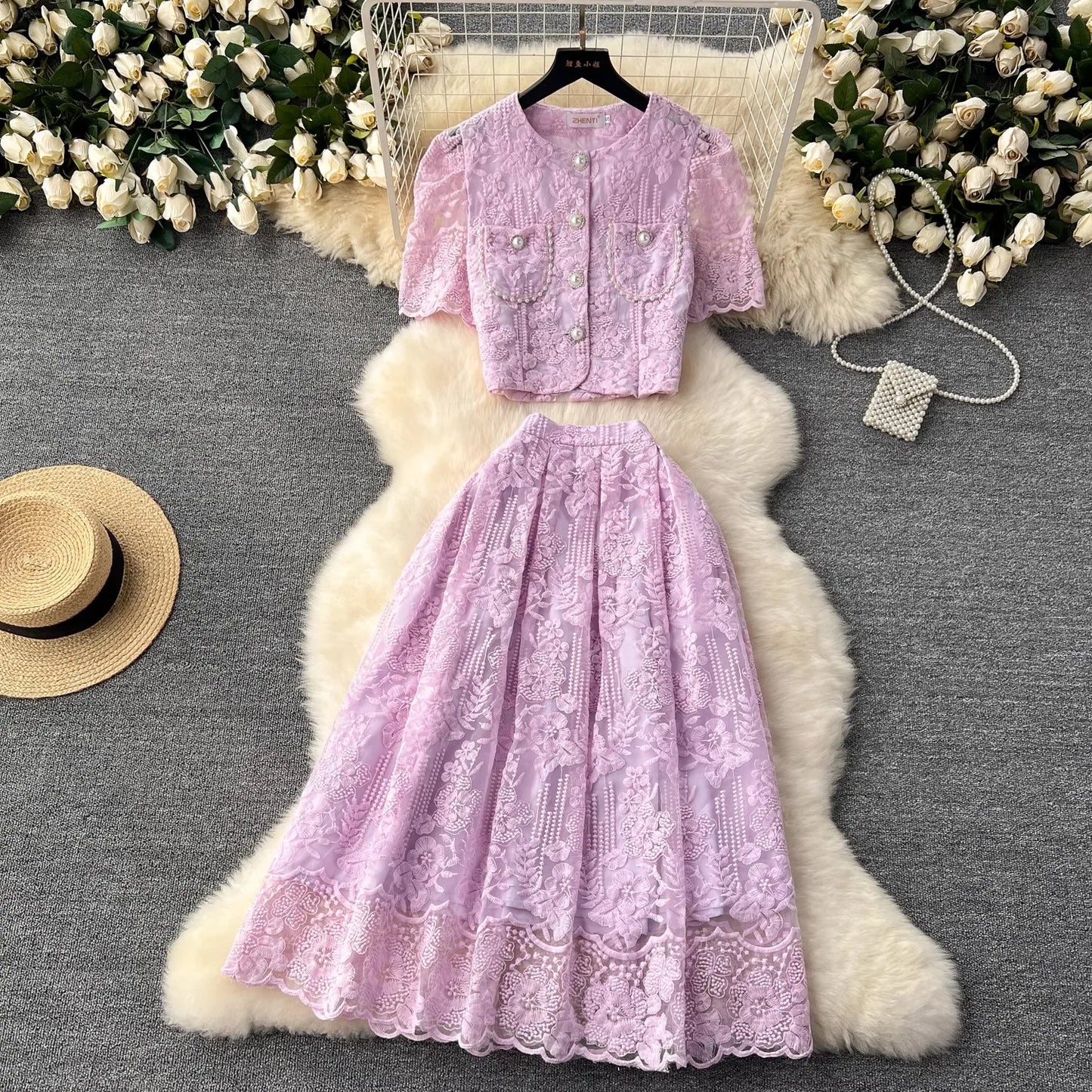 Floral Lace Cropped Cardigan Skirt Set