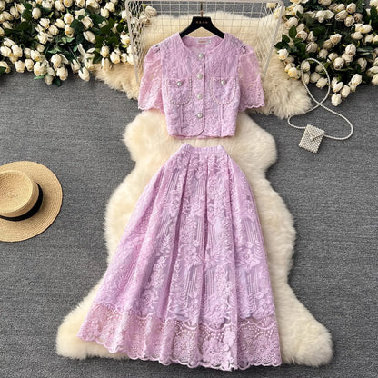 Floral Lace Cropped Cardigan Skirt Set