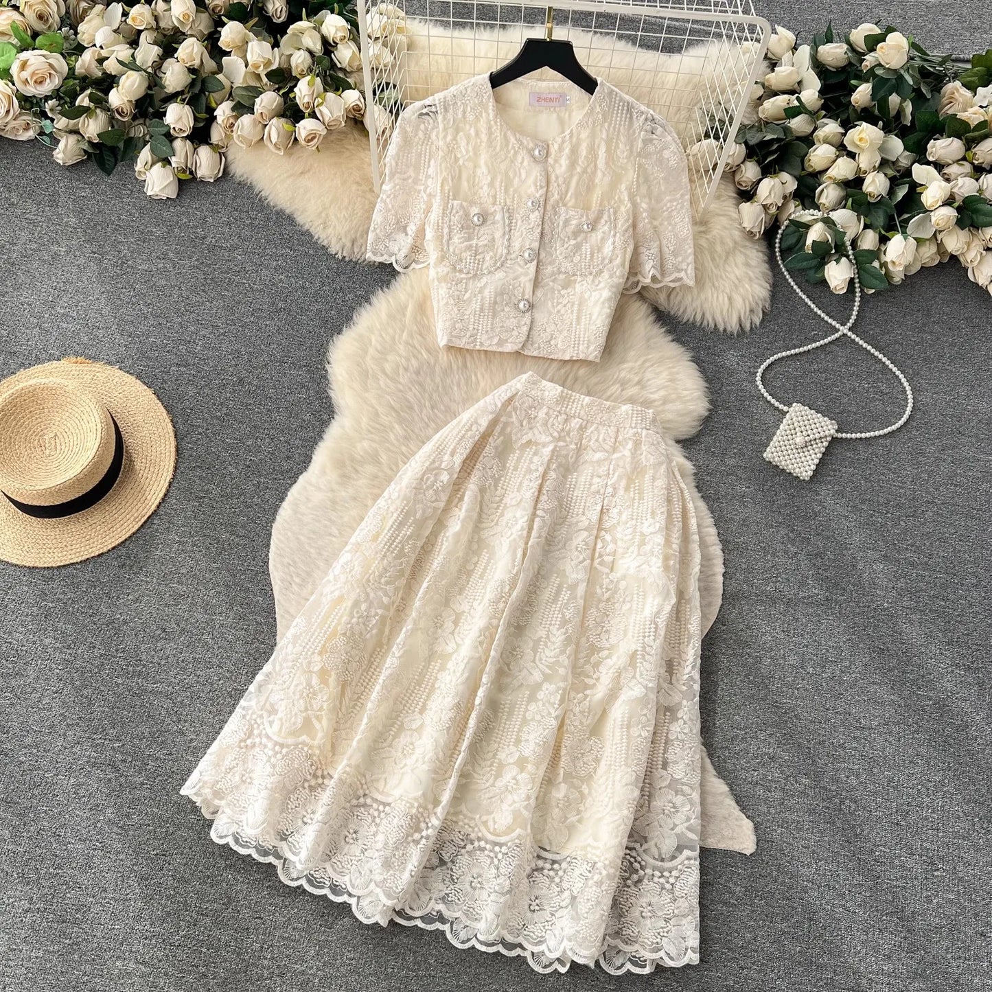 Floral Lace Cropped Cardigan Skirt Set