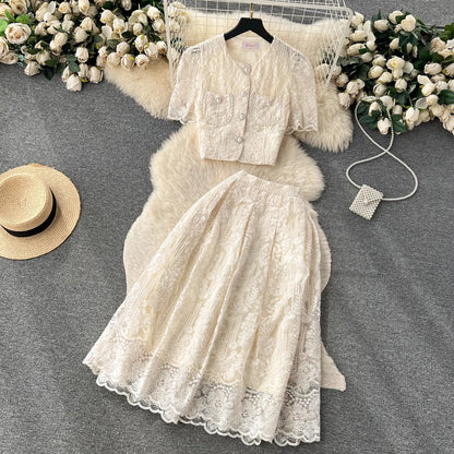 Floral Lace Cropped Cardigan Skirt Set