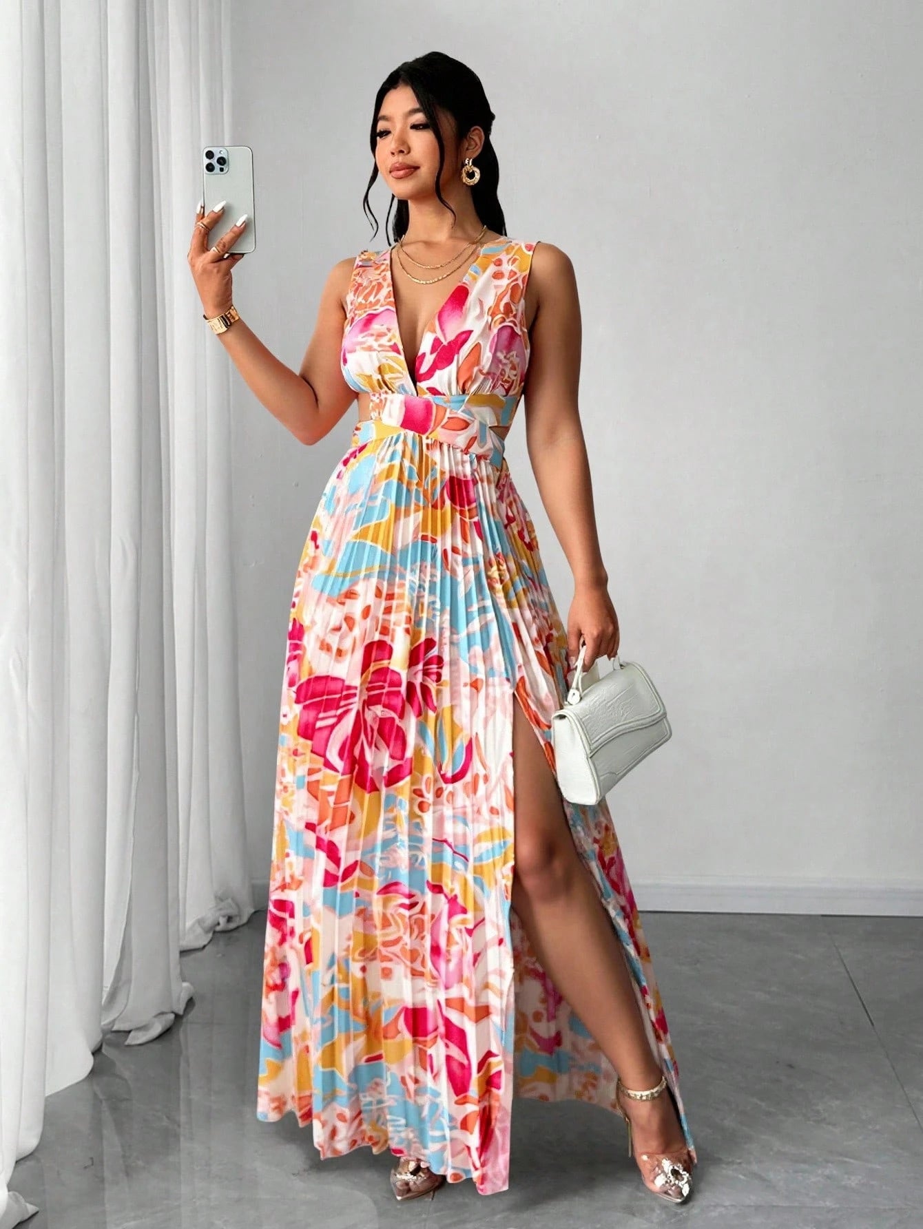 Floral Pleated Slit Maxi Dress