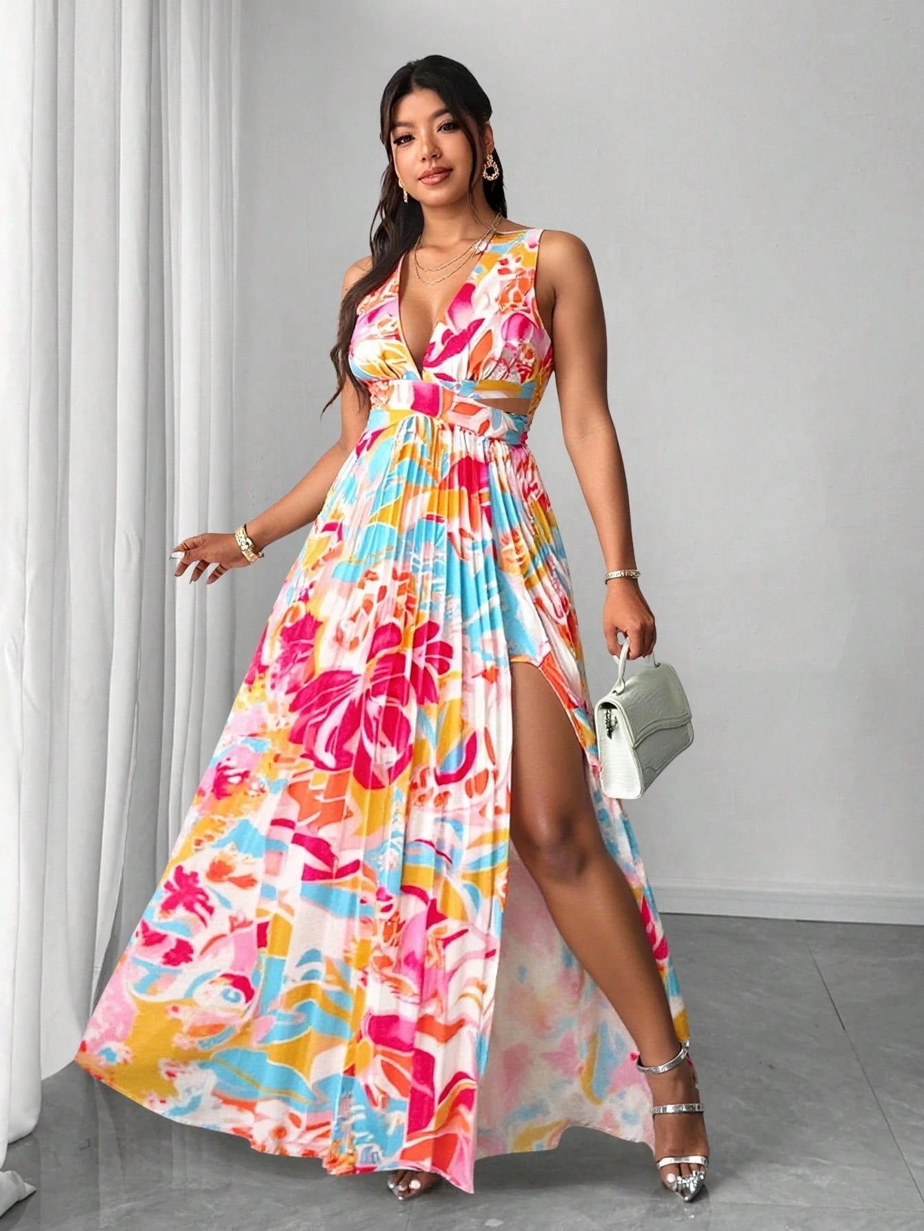 Floral Pleated Slit Maxi Dress