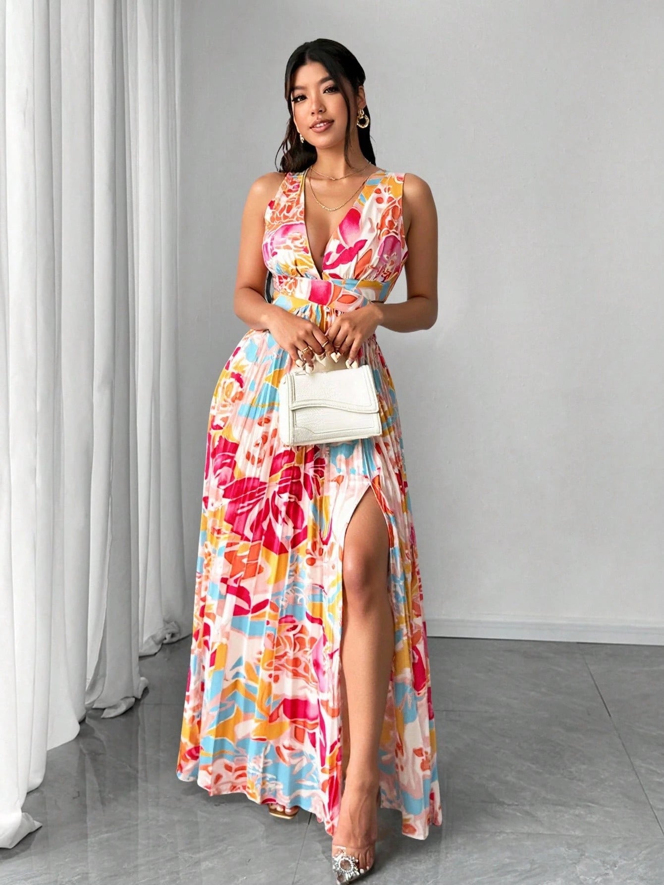 Floral Pleated Slit Maxi Dress