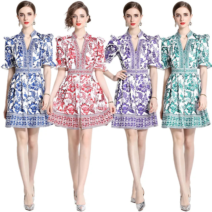  Floral Print Puff Sleeve Mini Dress