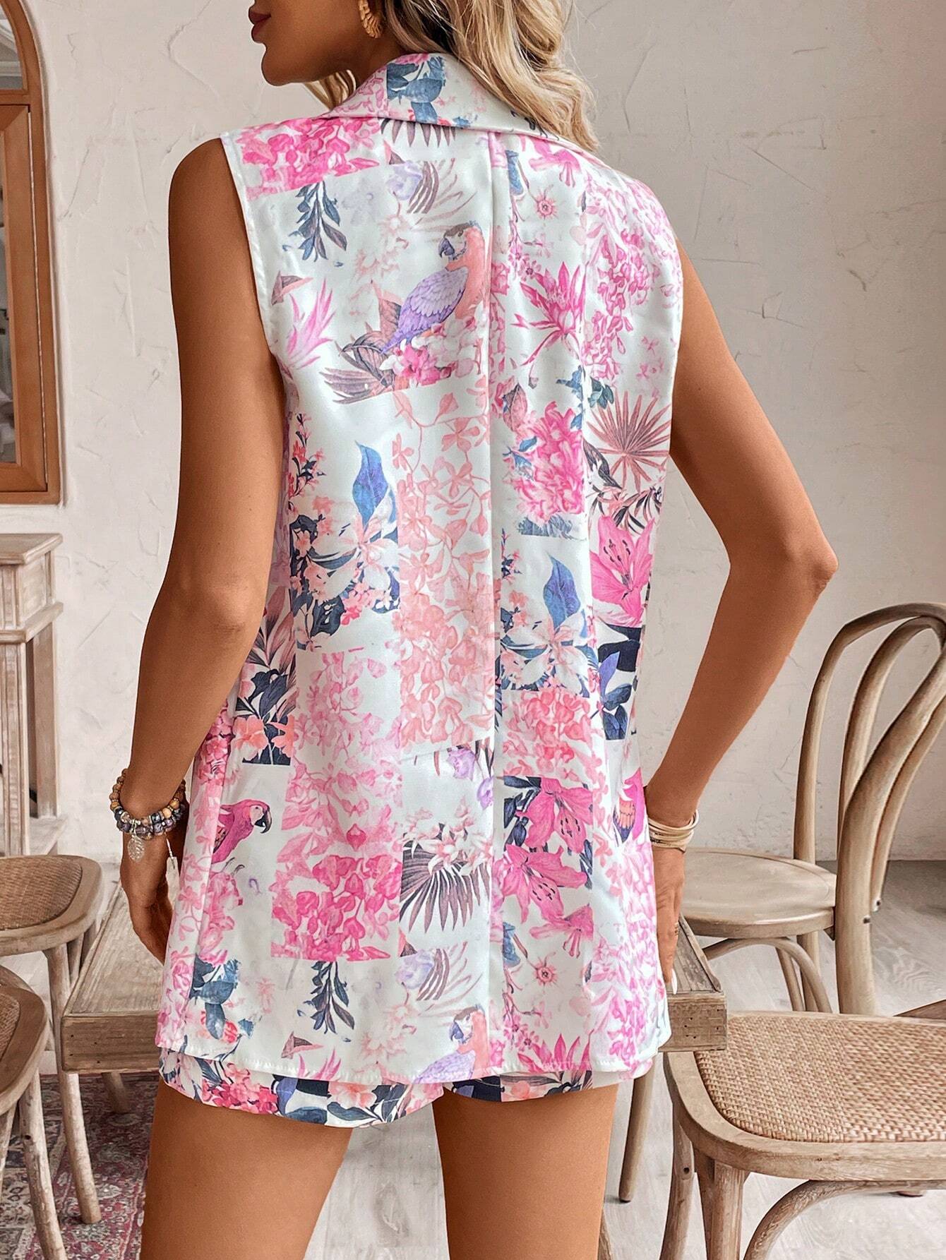  Floral Print Sleeveless Waistcoat Set