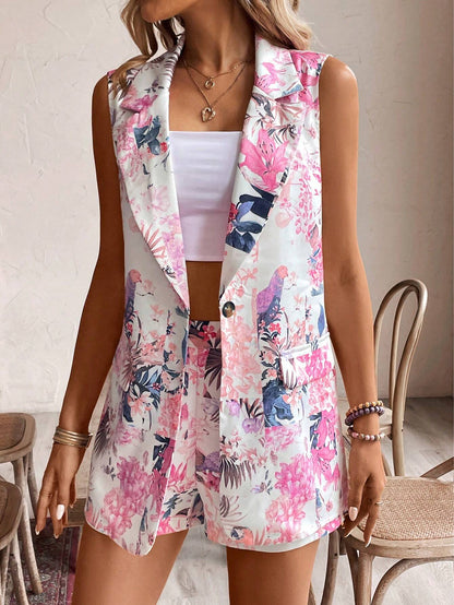  Floral Print Sleeveless Waistcoat Set