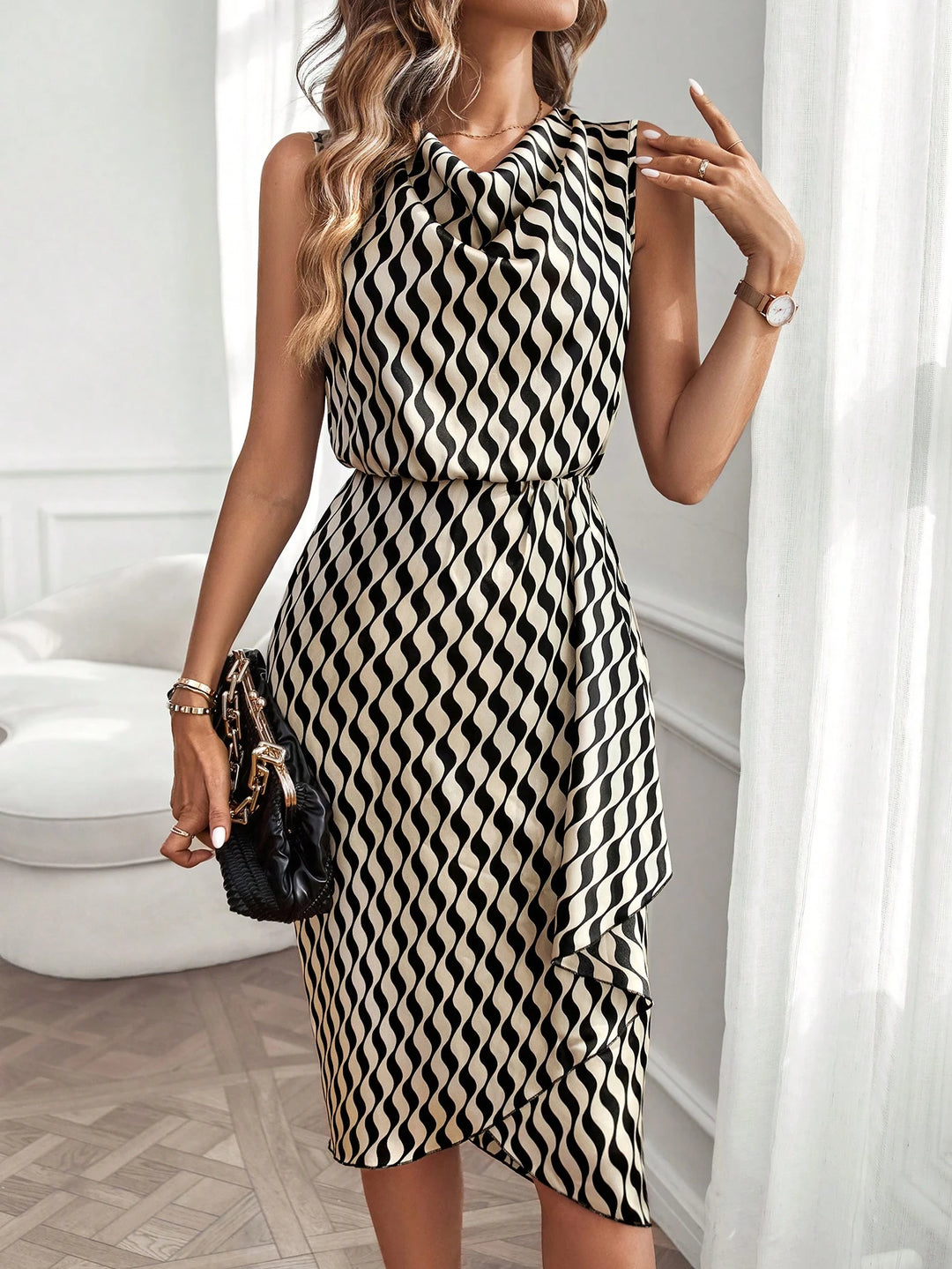 Geometric Print Cowl Neck Asymmetrical Dress