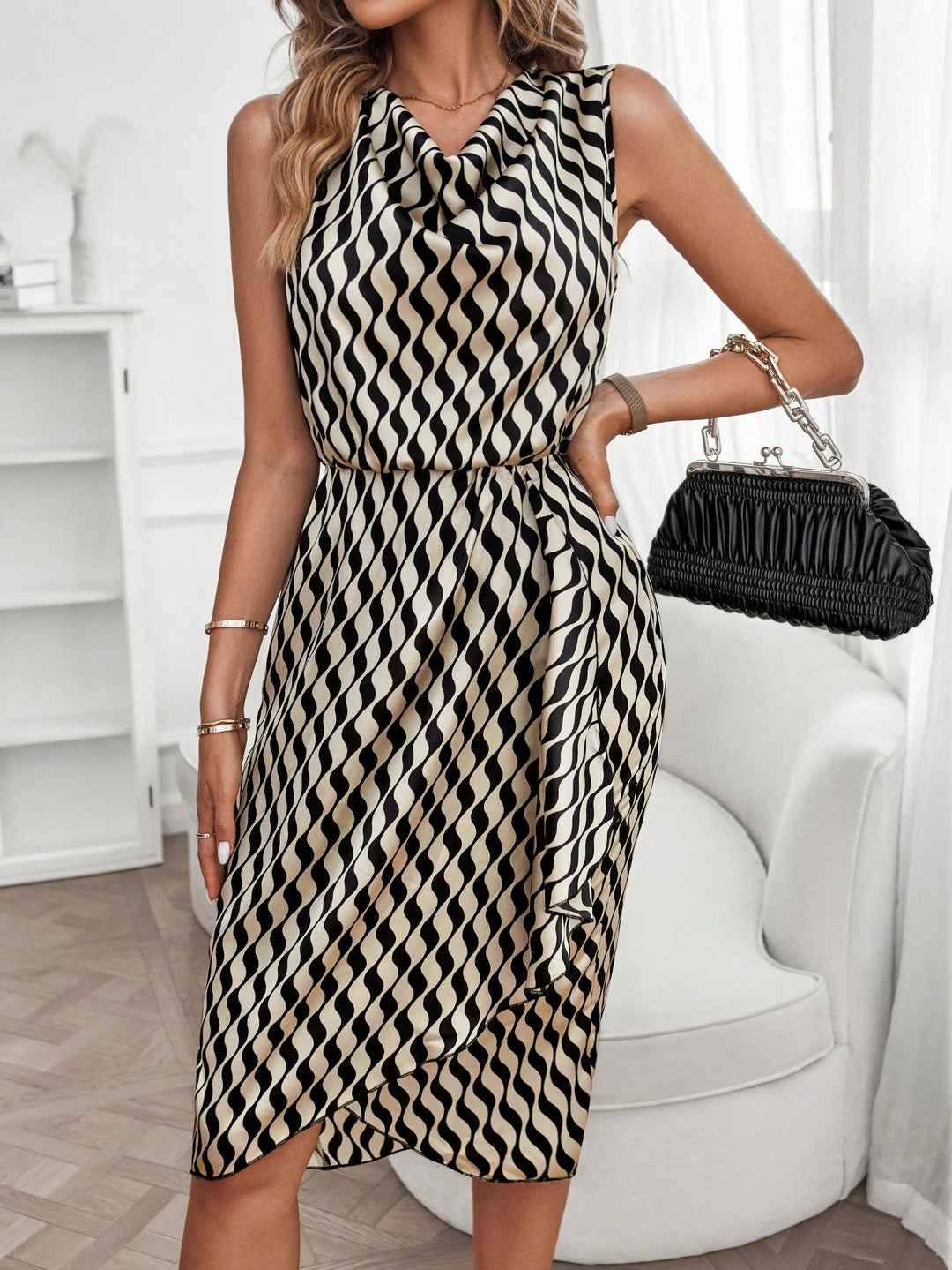 Geometric Print Cowl Neck Asymmetrical Dress