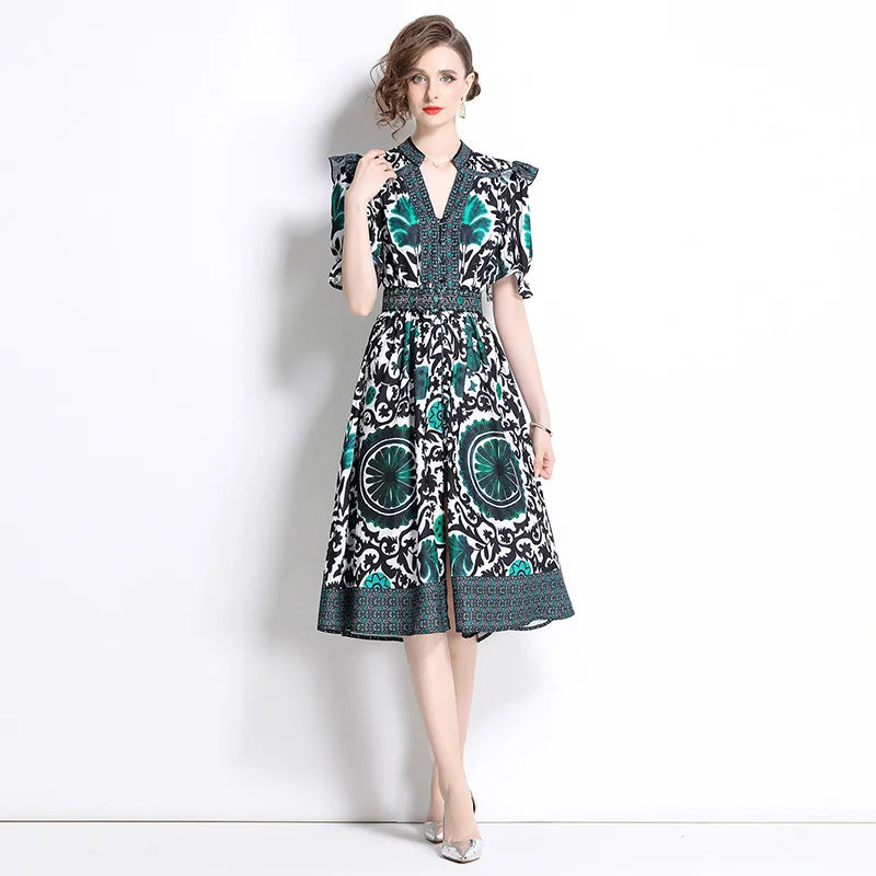  Graphic Print Flutter Sleeve Midi Dress