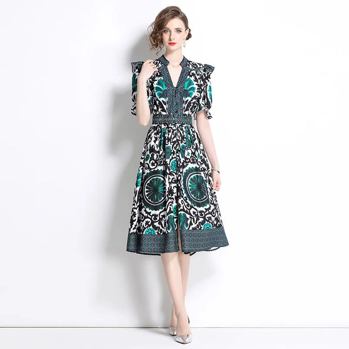  Graphic Print Flutter Sleeve Midi Dress