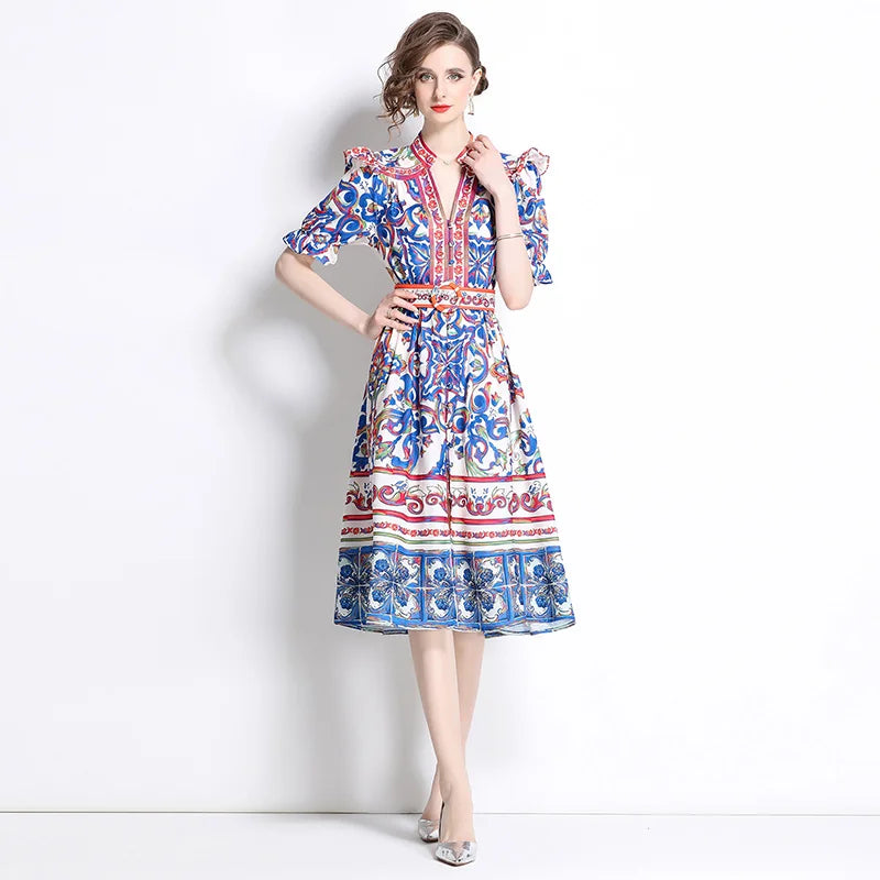  Graphic Print Flutter Sleeve Midi Dress