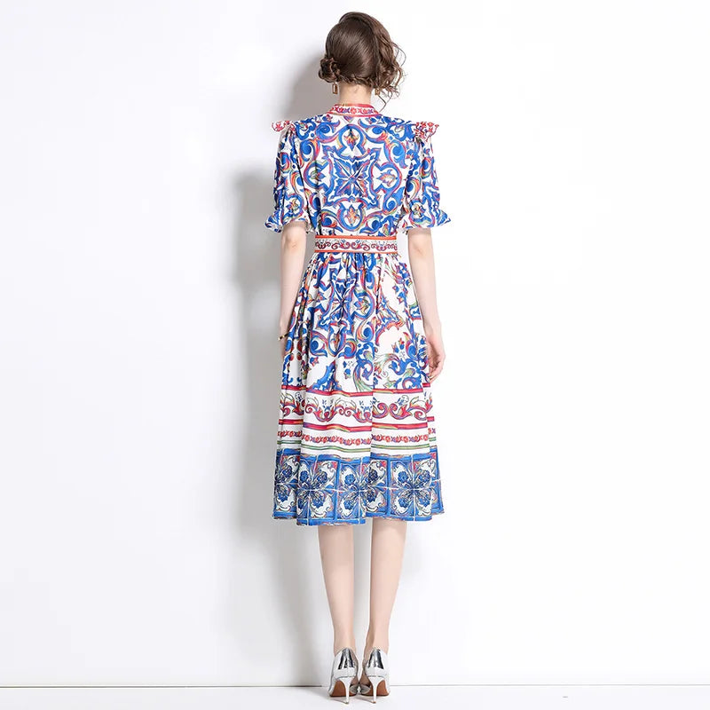  Graphic Print Flutter Sleeve Midi Dress