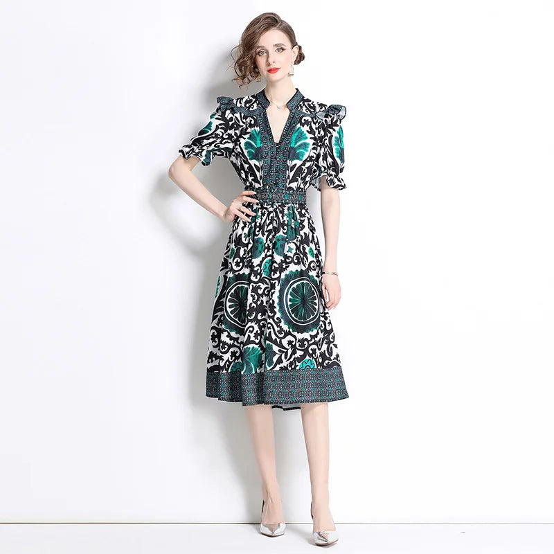  Graphic Print Flutter Sleeve Midi Dress