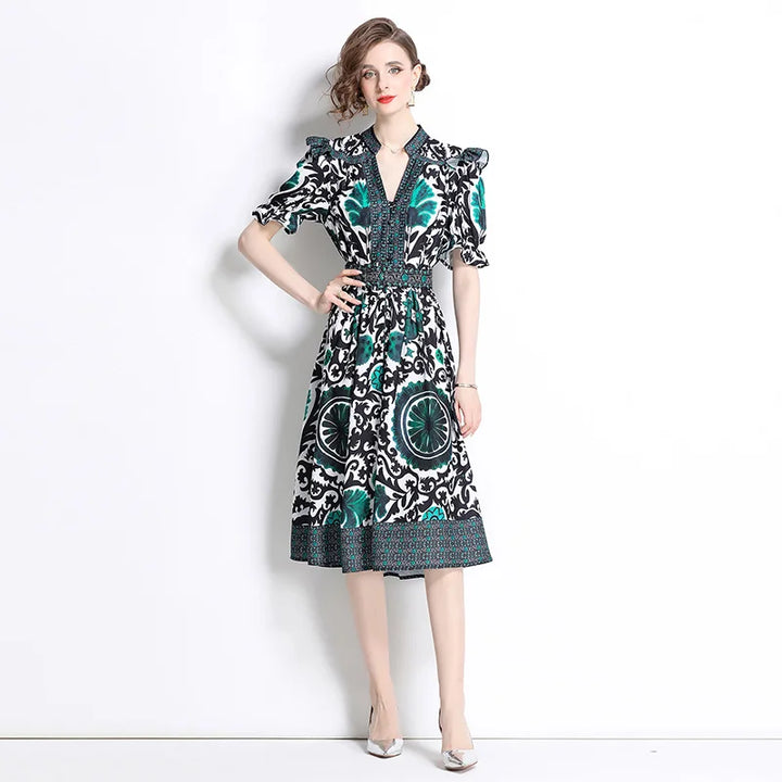  Graphic Print Flutter Sleeve Midi Dress