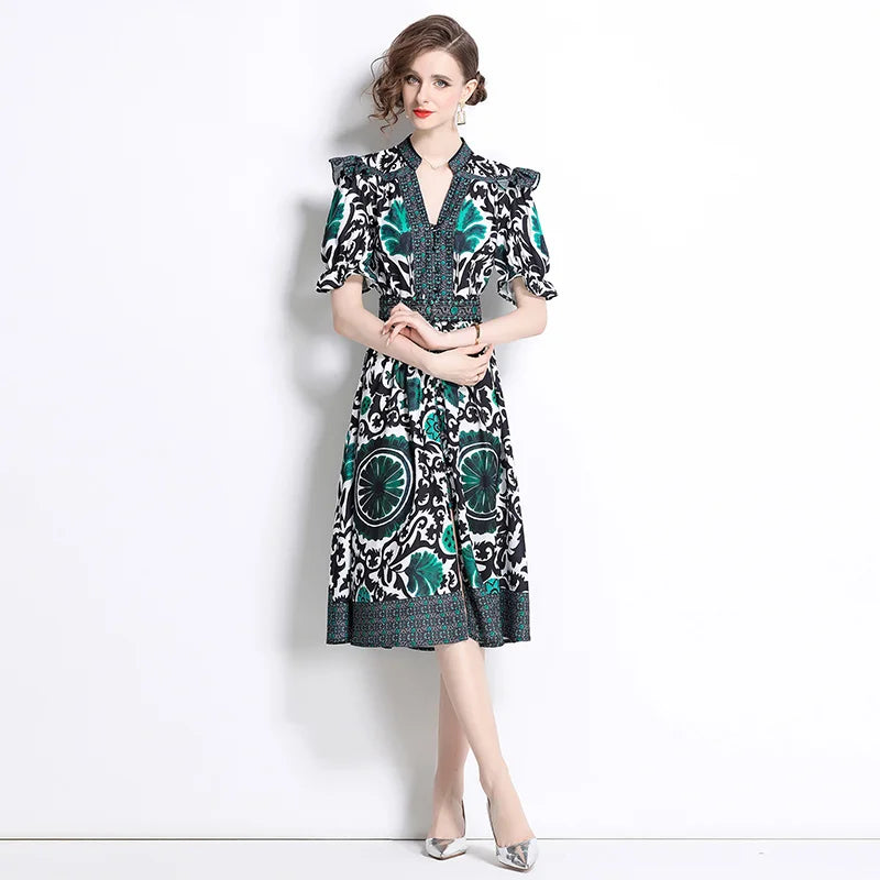  Graphic Print Flutter Sleeve Midi Dress