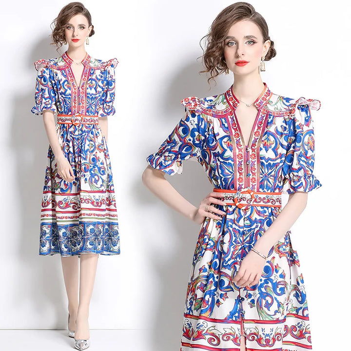  Graphic Print Flutter Sleeve Midi Dress