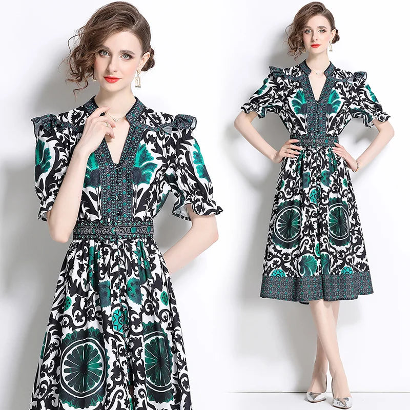 Graphic Print Flutter Sleeve Midi Dress