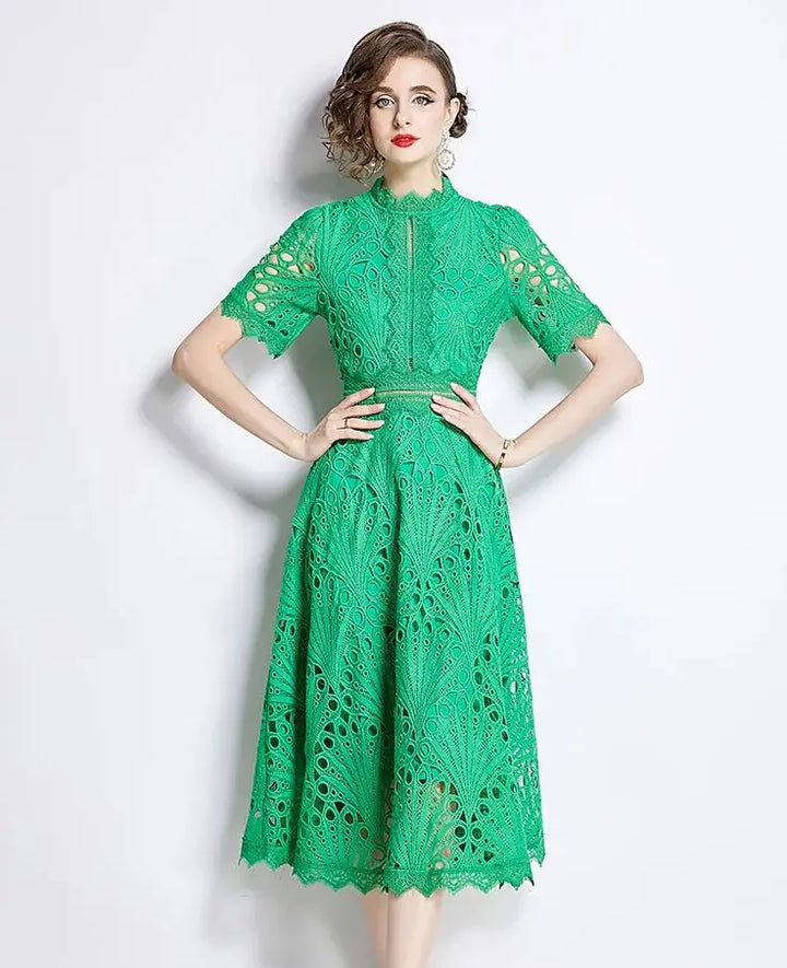 Guipure Lace High Neck Midi Dress