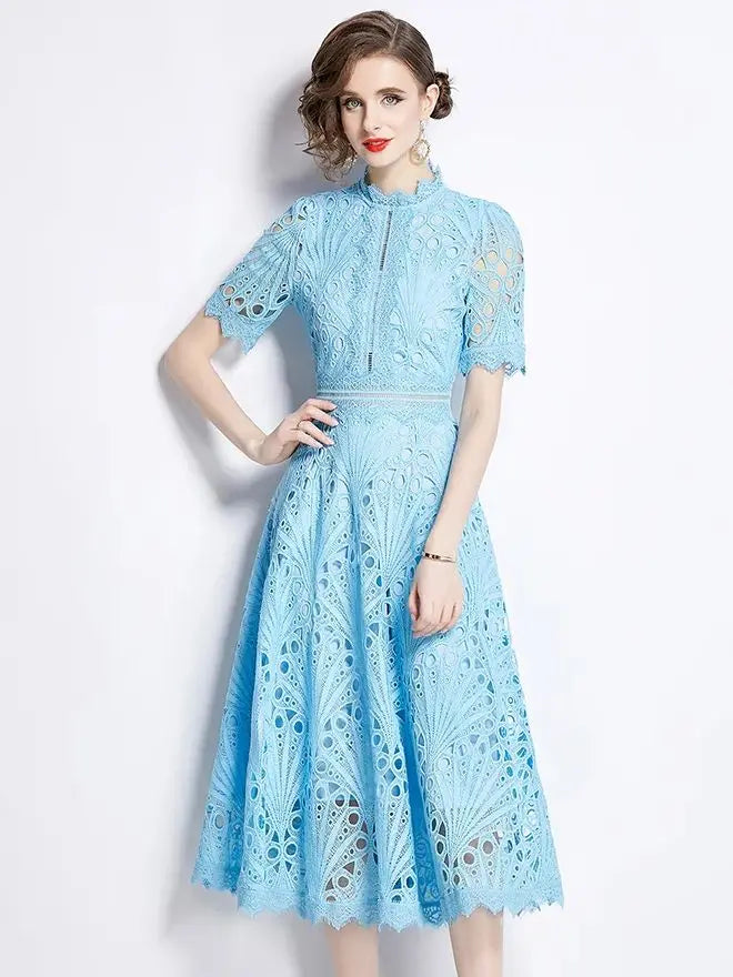 Guipure Lace High Neck Midi Dress
