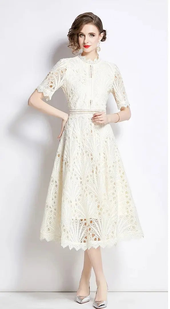 Guipure Lace High Neck Midi Dress