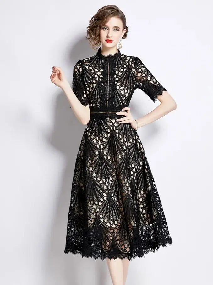 Guipure Lace High Neck Midi Dress