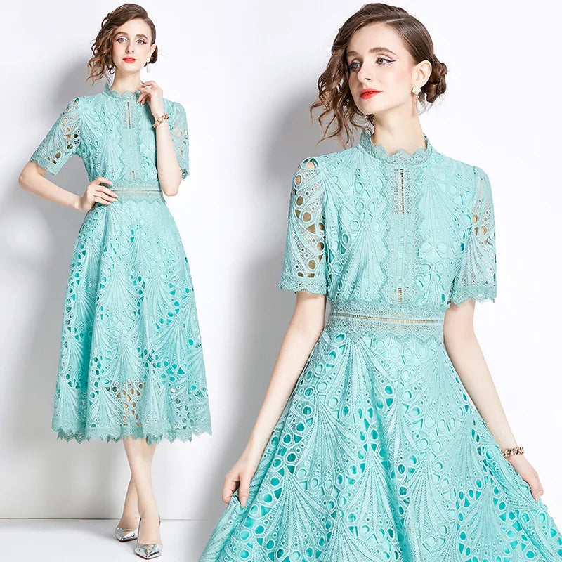 Guipure Lace High Neck Midi Dress