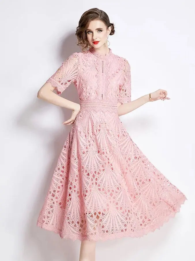 Guipure Lace High Neck Midi Dress