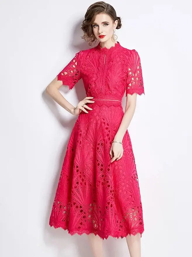 Guipure Lace High Neck Midi Dress