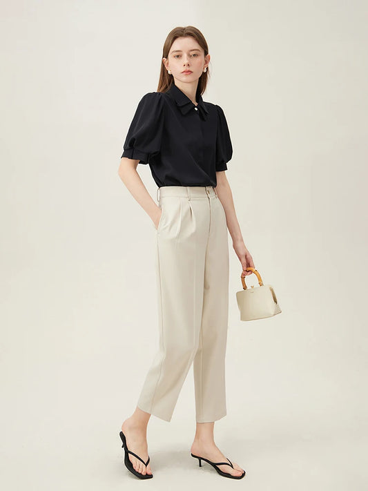 High-Waisted Pleated Tapered Trousers
