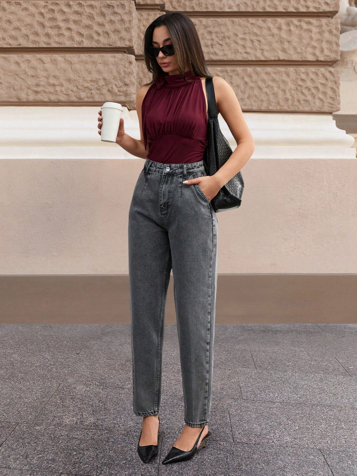 High Waist Pleated Wide Leg Jeans