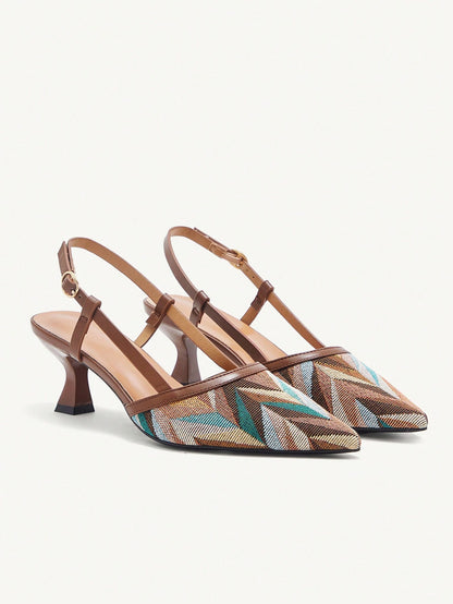  Jacquard Pointed Toe Slingback Heels