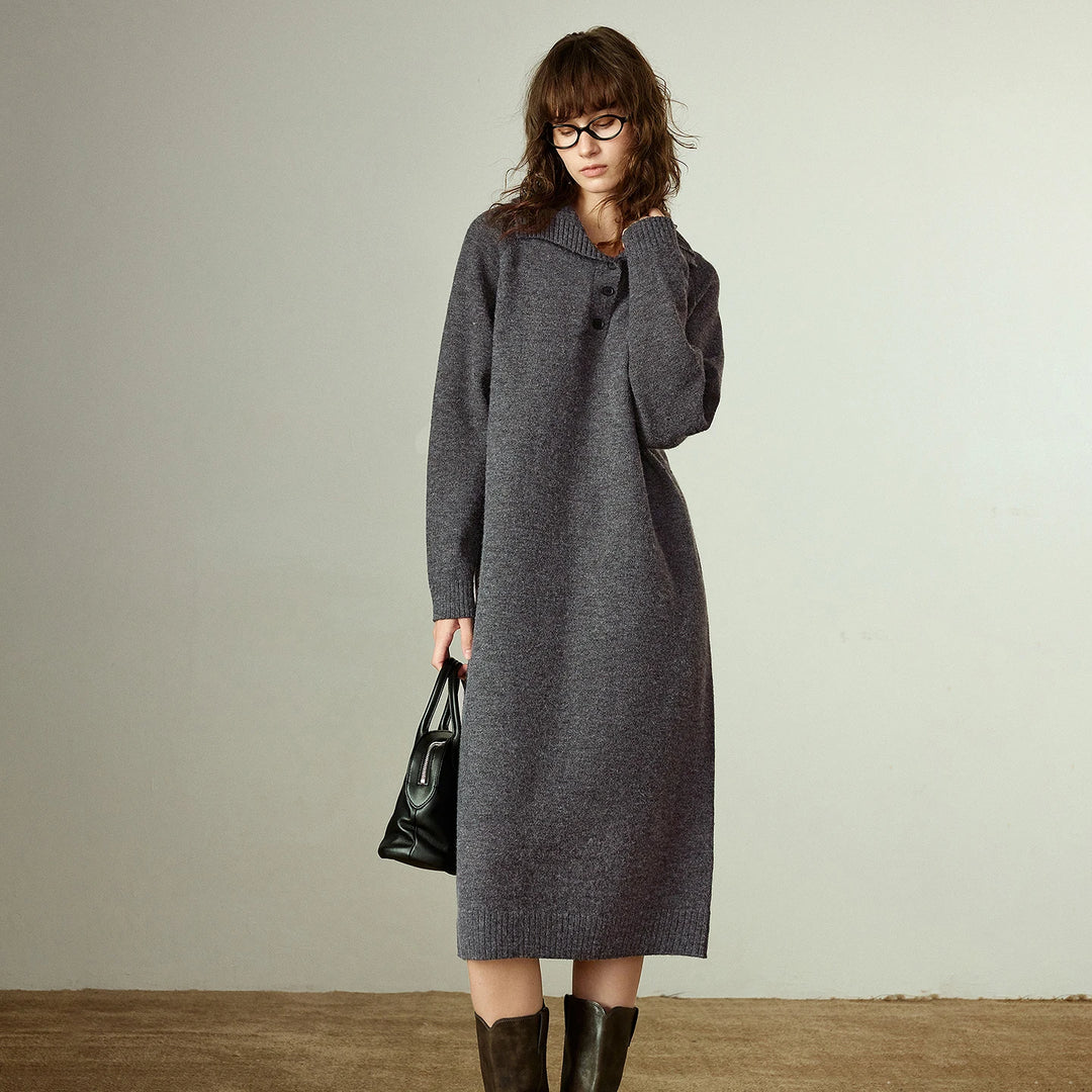 Knit Polo Collar Midi Dress