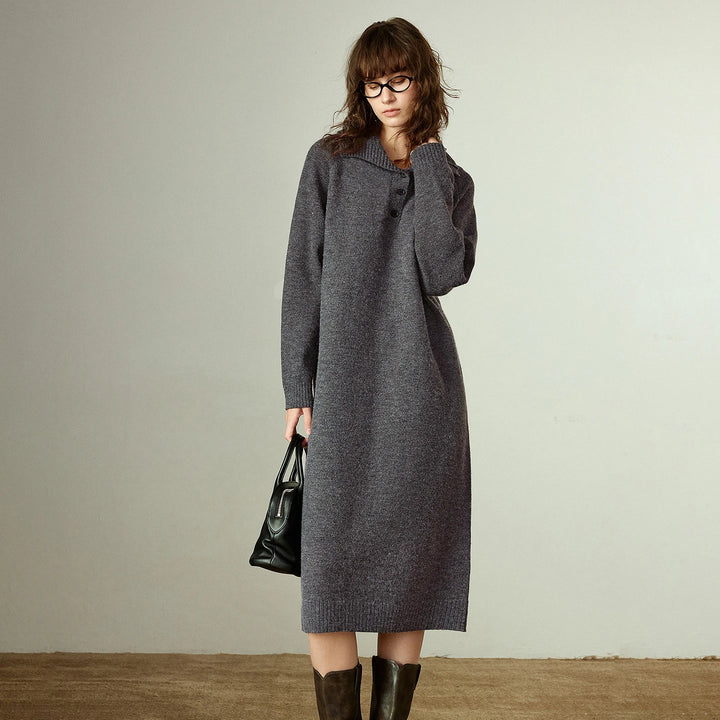 Knit Polo Collar Midi Dress