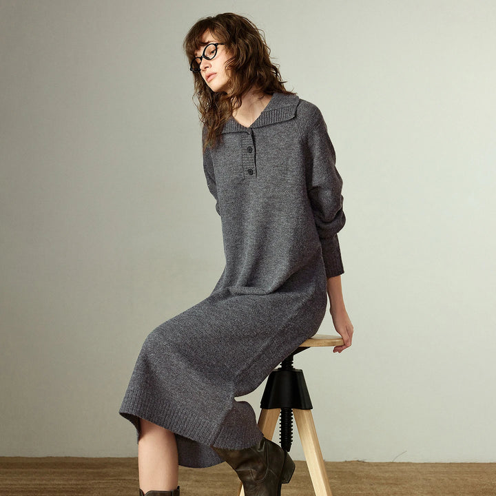Knit Polo Collar Midi Dress