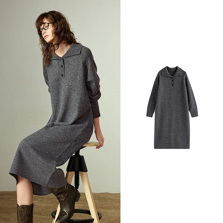 Knit Polo Collar Midi Dress