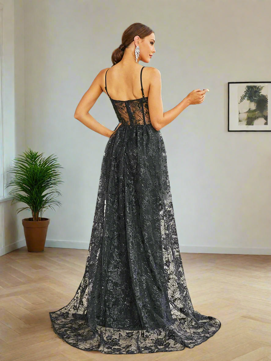 Lace Bustier Overskirt Formal Gown