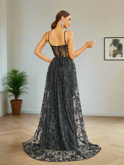 Lace Bustier Overskirt Formal Gown