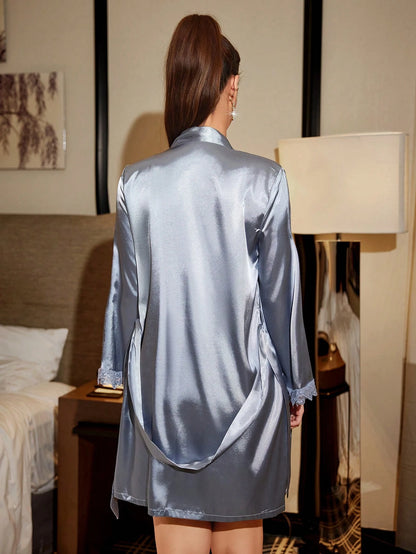  Lace & Fur Trim Satin Robe Set