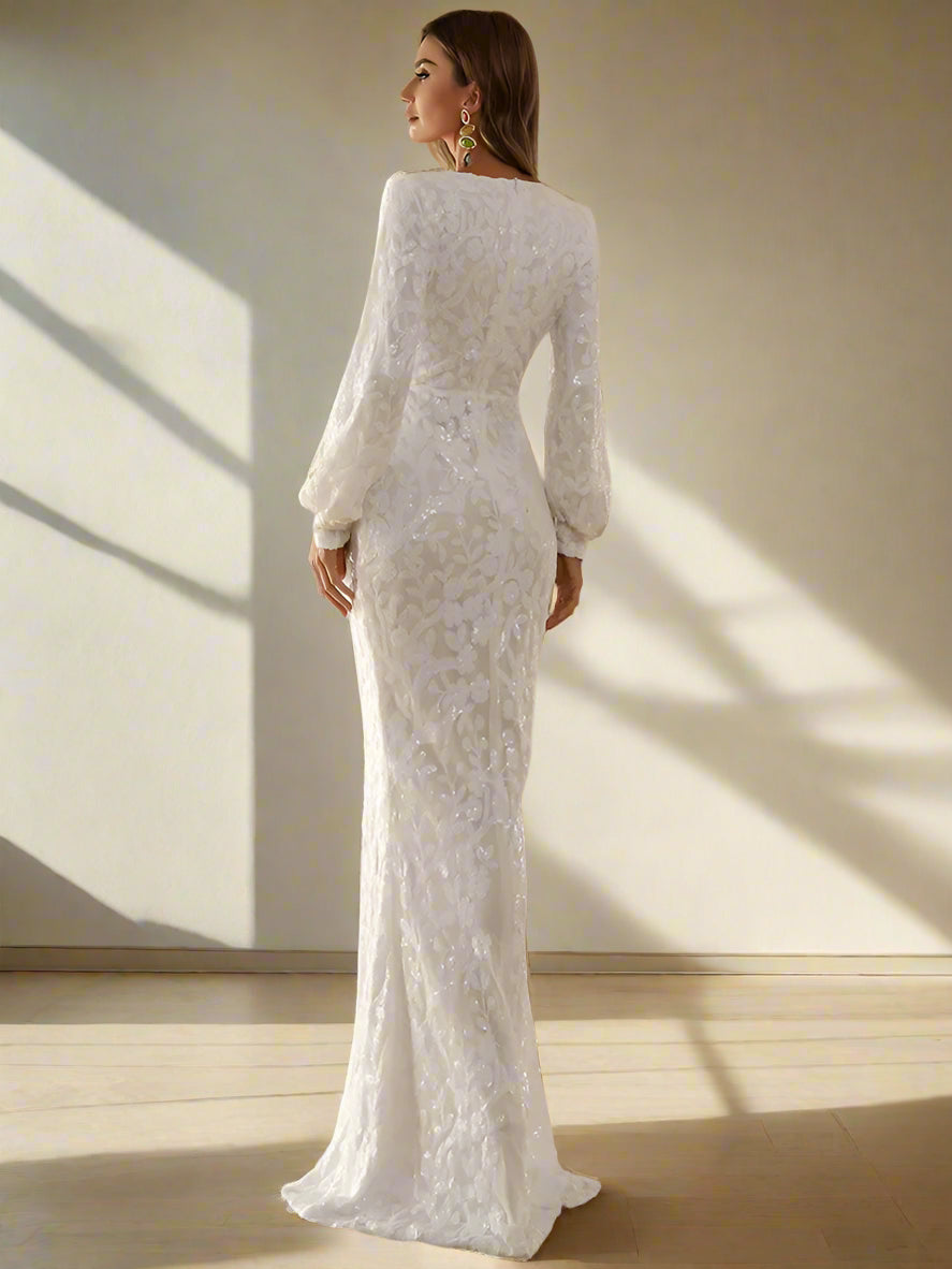 Lace Gown with Deep V-Neck & Side Slit